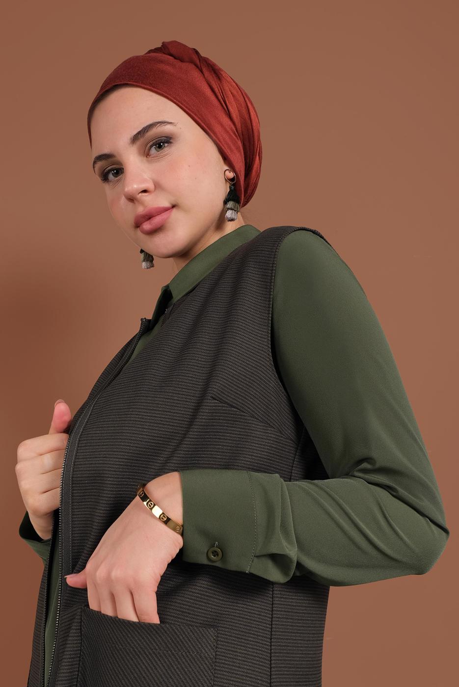 Tesettür giyim VİZON FERMUARLI ERKEK YAKA İKİLİ TUNİK 4687