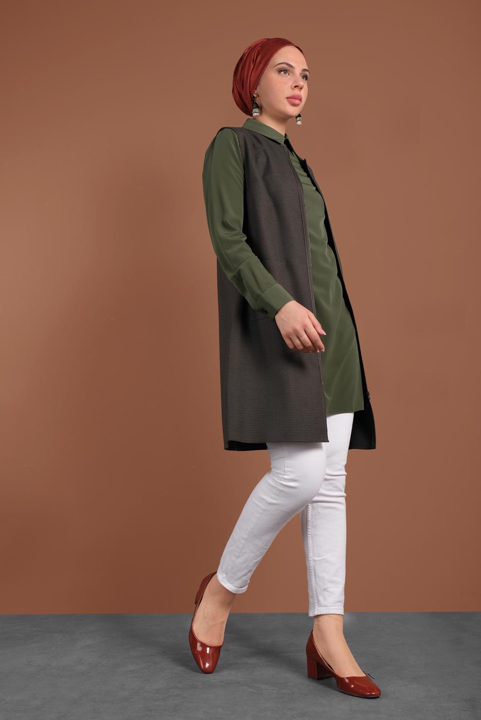 Tesettür giyim VİZON FERMUARLI ERKEK YAKA İKİLİ TUNİK 4687