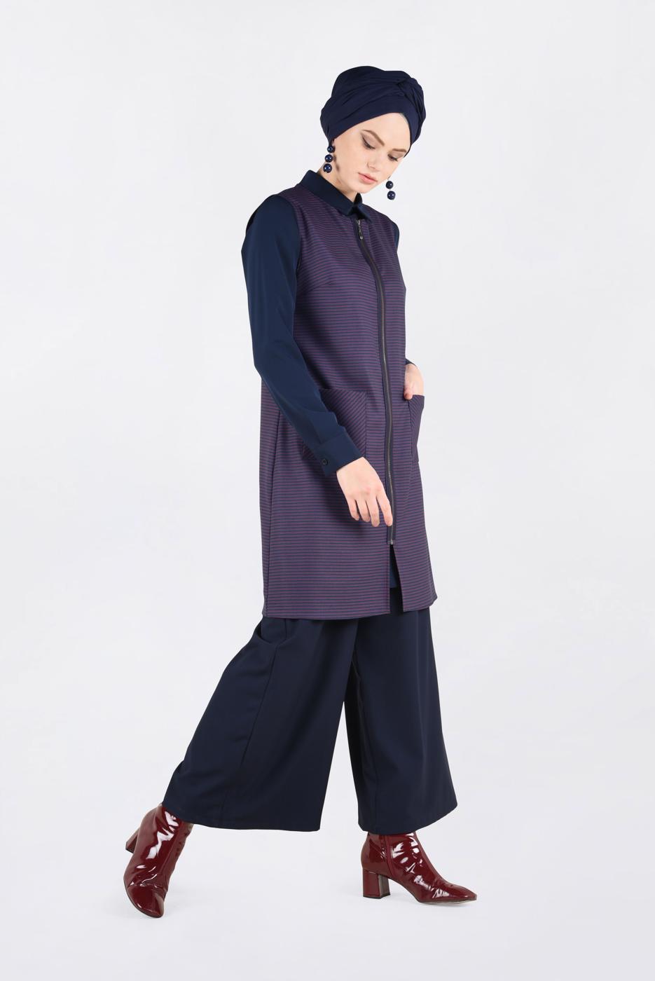 Tesettür giyim LACİVERT FERMUARLI ERKEK YAKA İKİLİ TUNİK 4687