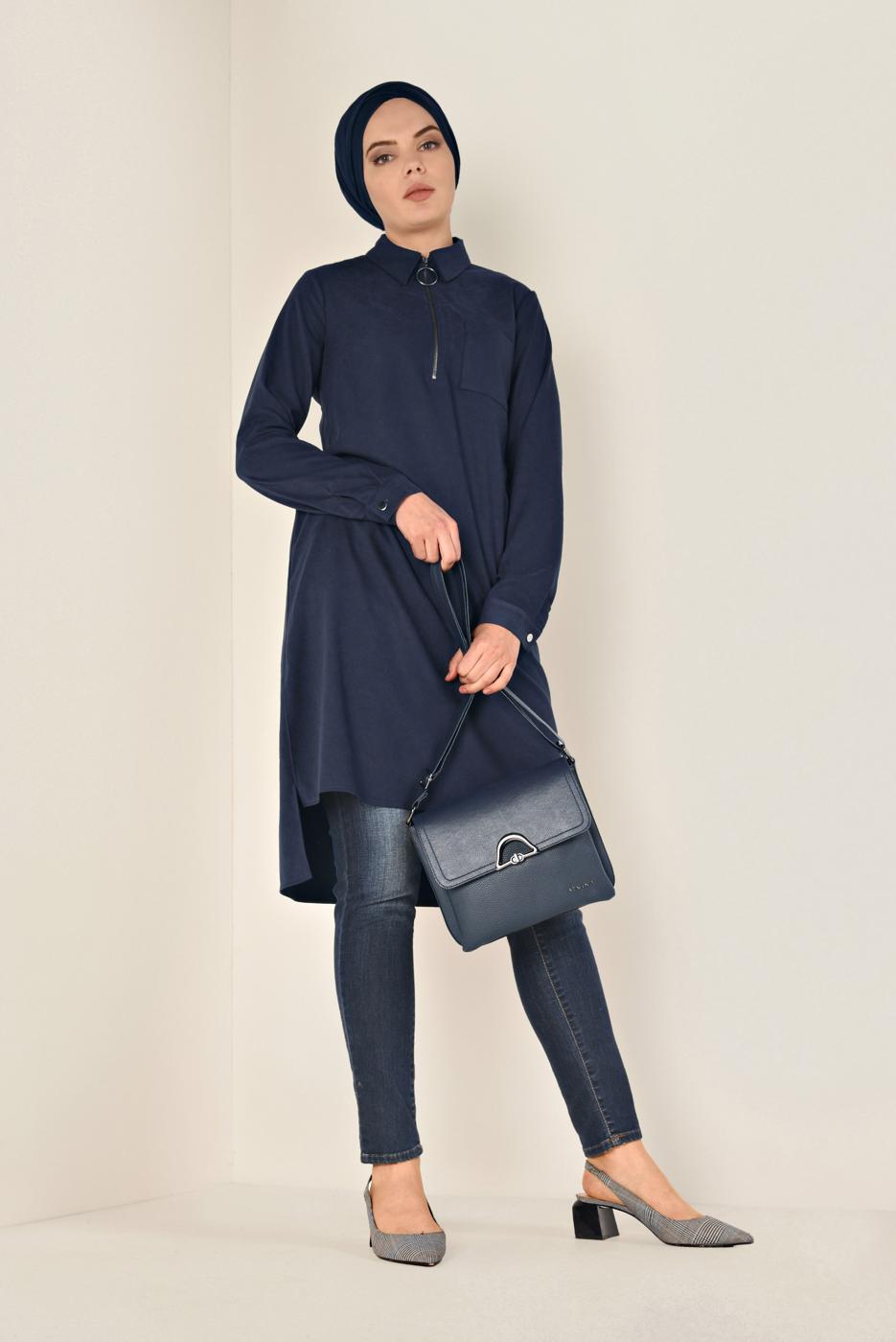 Tesettür giyim LACİVERT ÖNÜ FERMUAR DETAYLI ERKEK YAKA SÜET TUNİK 4698