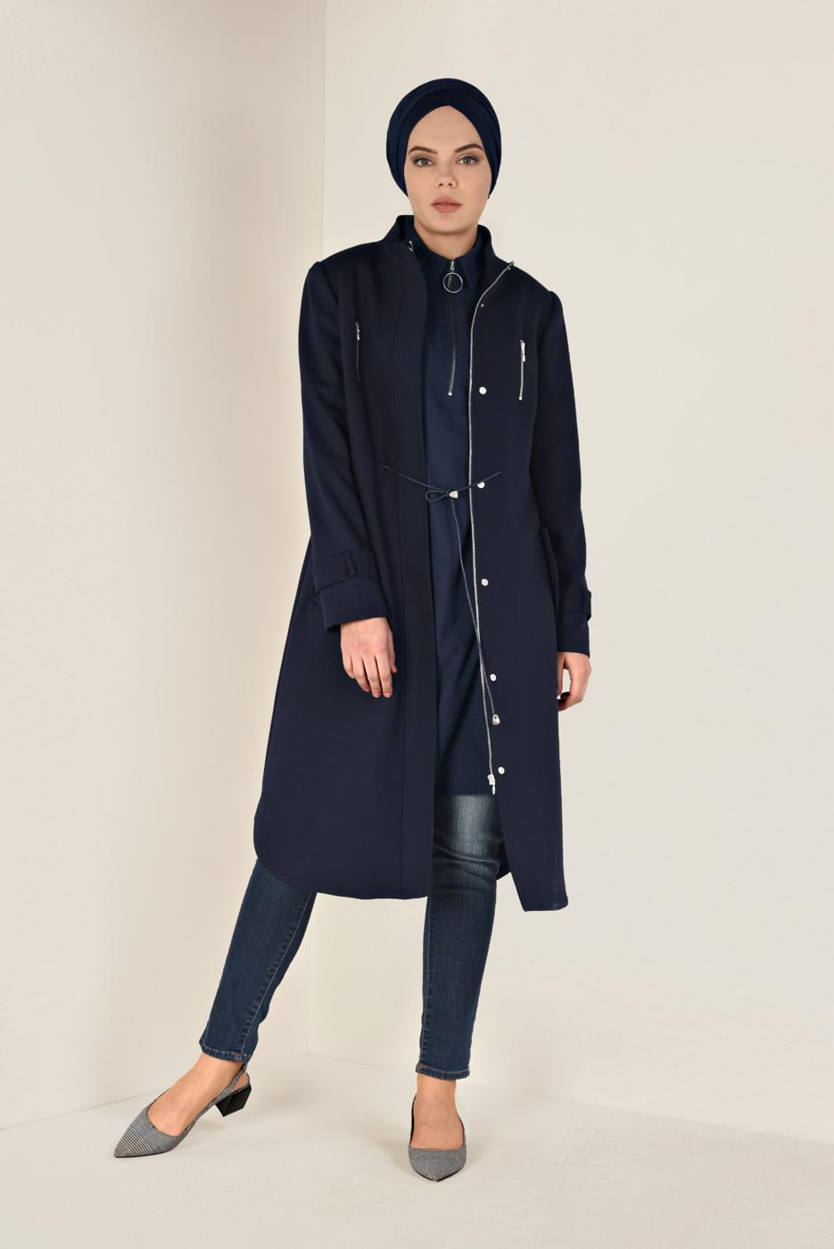 Tesettür giyim LACİVERT ÖNÜ FERMUAR DETAYLI ERKEK YAKA SÜET TUNİK 4698