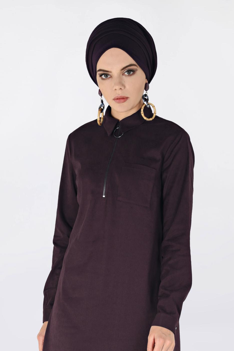 Tesettür giyim BORDO ÖNÜ FERMUAR DETAYLI ERKEK YAKA SÜET TUNİK 4698