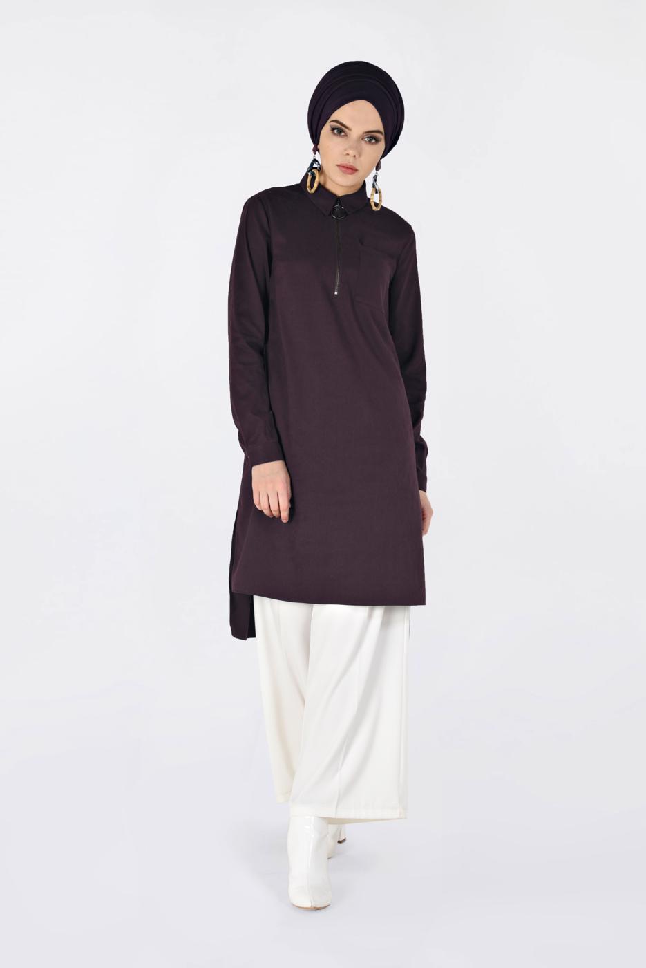 Tesettür giyim BORDO ÖNÜ FERMUAR DETAYLI ERKEK YAKA SÜET TUNİK 4698