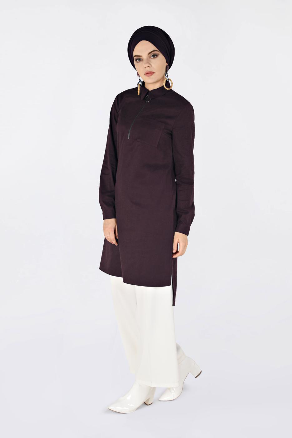 Tesettür giyim BORDO ÖNÜ FERMUAR DETAYLI ERKEK YAKA SÜET TUNİK 4698