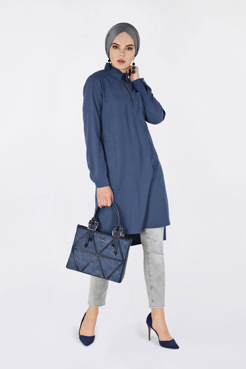 Tesettür giyim YEŞİL ÖNÜ FERMUAR DETAYLI ERKEK YAKA SÜET TUNİK 4698