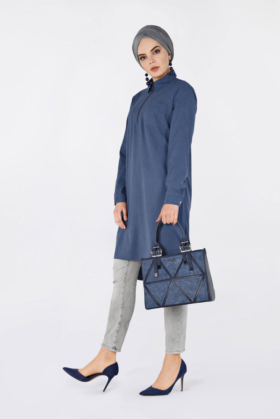 Tesettür giyim YEŞİL ÖNÜ FERMUAR DETAYLI ERKEK YAKA SÜET TUNİK 4698