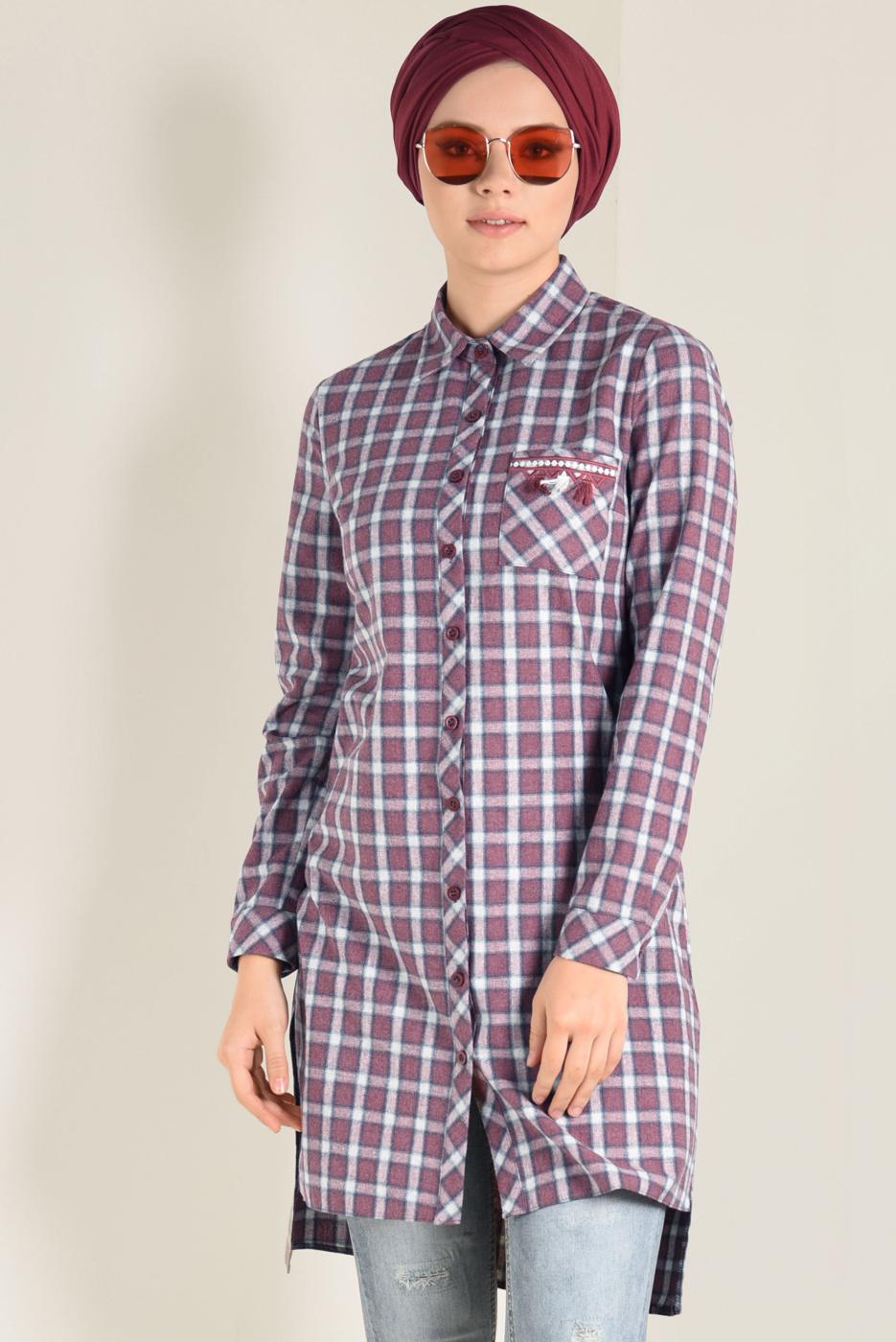 Tesettür giyim BORDO PAMUKLU KARE DESENLİ DÜĞMELİ TUNİK 4699