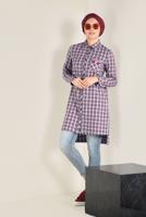 Tesettür giyim BORDO PAMUKLU KARE DESENLİ DÜĞMELİ TUNİK 4699