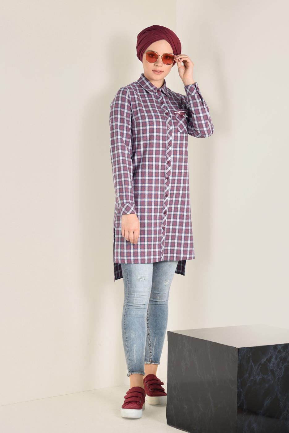 Tesettür giyim BORDO PAMUKLU KARE DESENLİ DÜĞMELİ TUNİK 4699