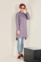 Tesettür giyim BORDO PAMUKLU KARE DESENLİ DÜĞMELİ TUNİK 4699