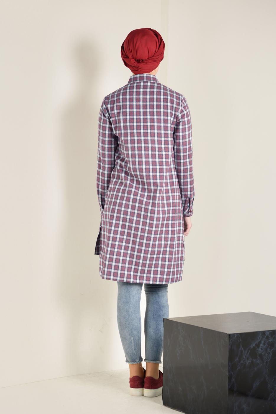 Tesettür giyim BORDO PAMUKLU KARE DESENLİ DÜĞMELİ TUNİK 4699