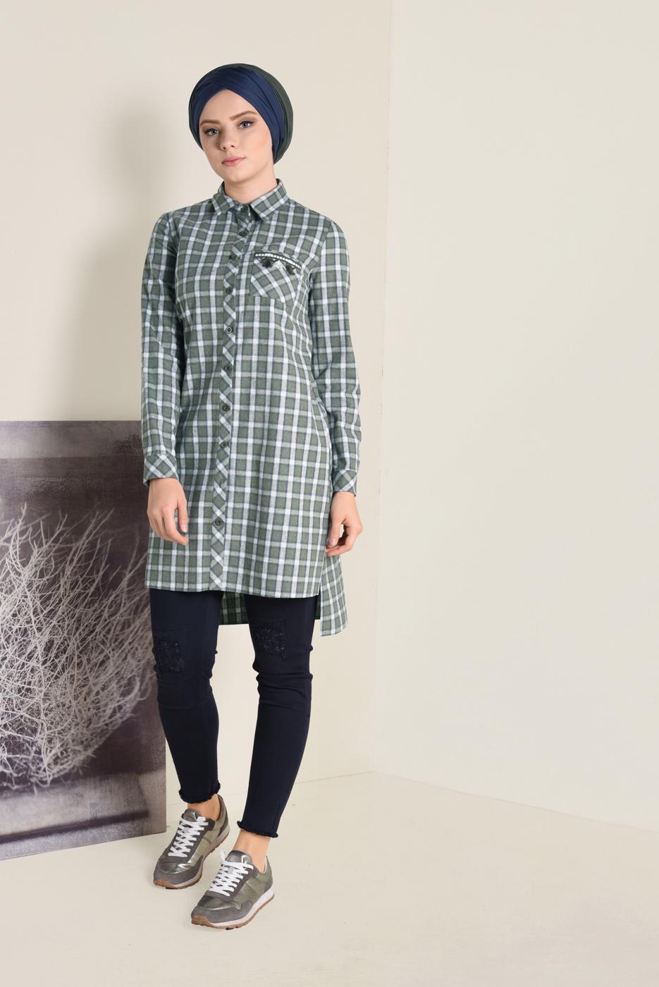 Tesettür giyim HAKİ PAMUKLU KARE DESENLİ DÜĞMELİ TUNİK 4699