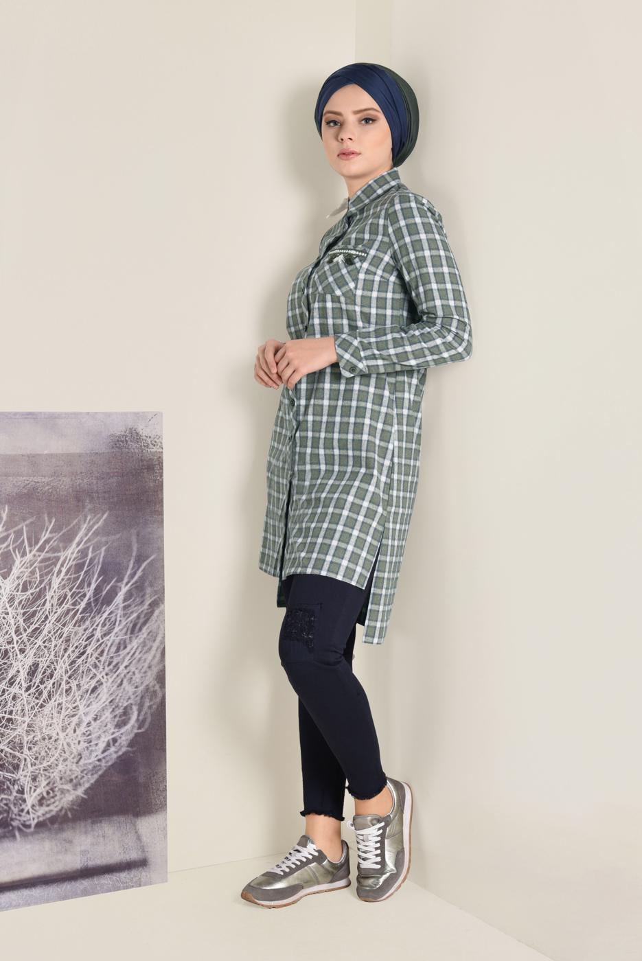 Tesettür giyim HAKİ PAMUKLU KARE DESENLİ DÜĞMELİ TUNİK 4699