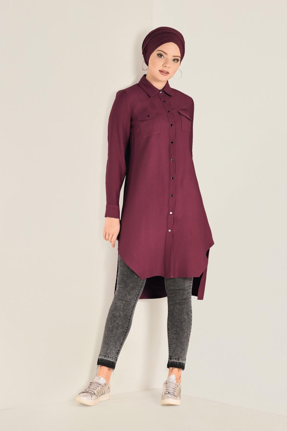Tesettür giyim KIRMIZI ASİMETRİK KESİM CEP DETAYLI TUNİK 4701