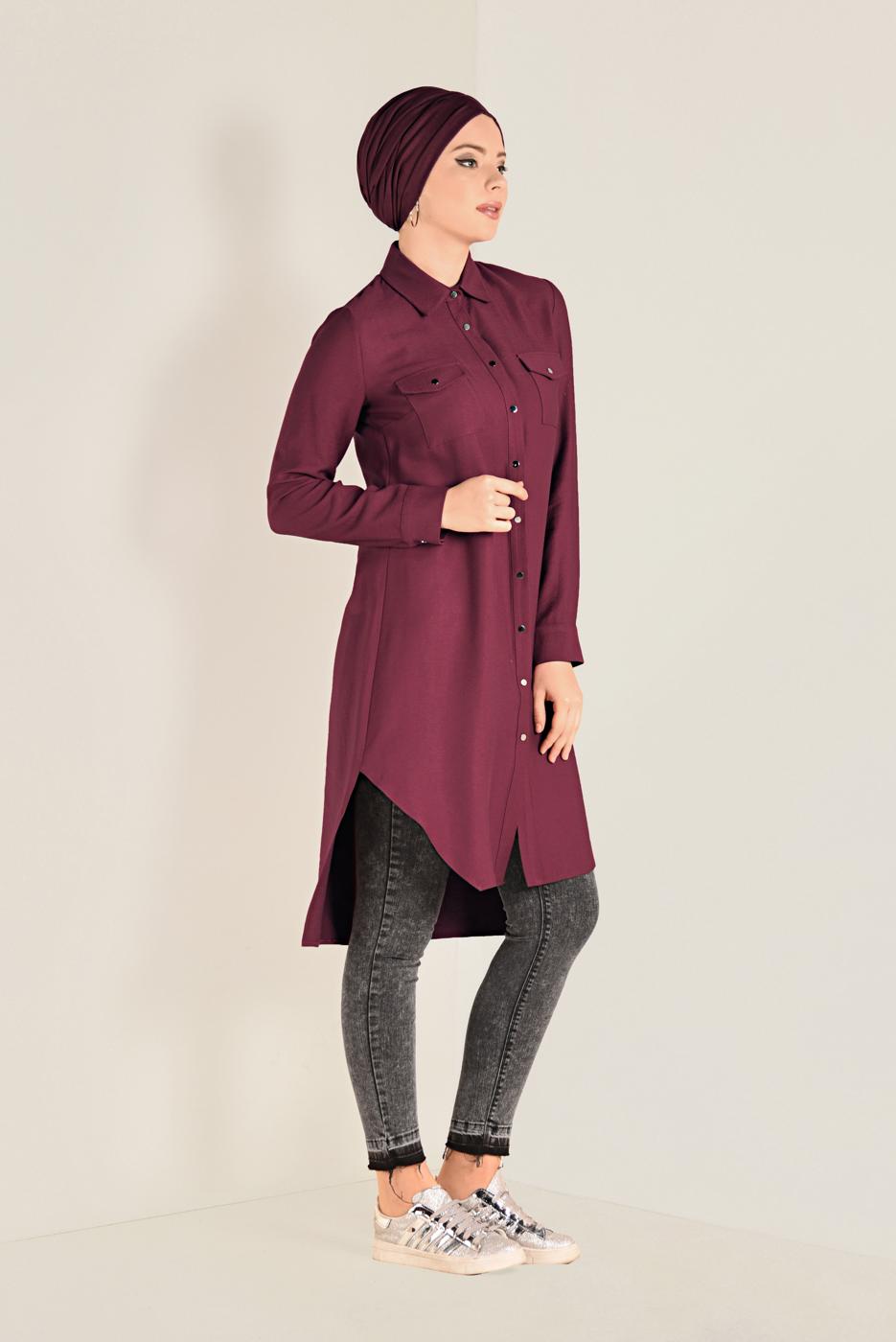 Tesettür giyim KIRMIZI ASİMETRİK KESİM CEP DETAYLI TUNİK 4701