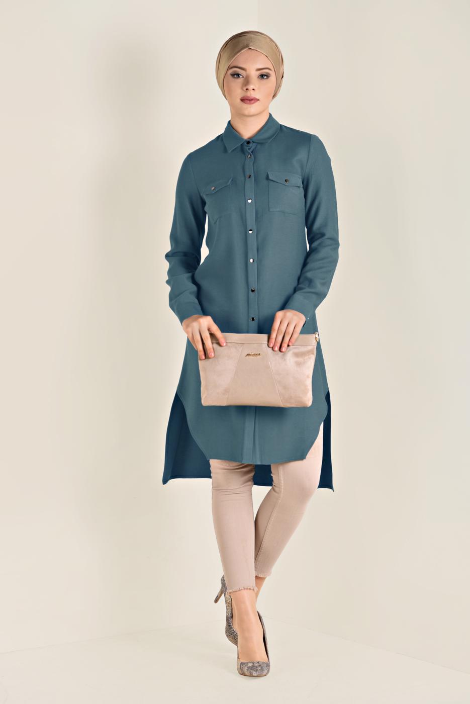 Tesettür giyim LACİVERT ASİMETRİK KESİM CEP DETAYLI TUNİK 4701