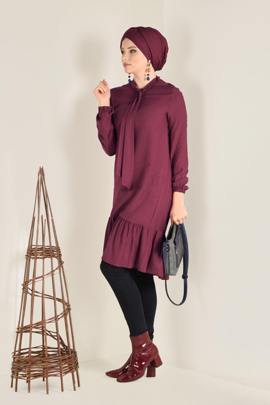 Tesettür giyim KIRMIZI ETEK UCU VOLANLI TUNİK 4702 