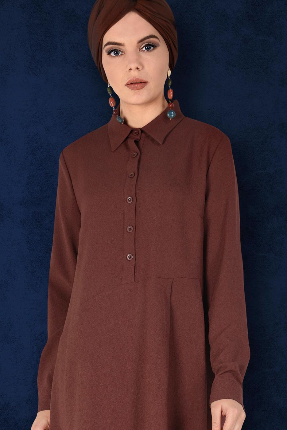 Tesettür giyim KAHVE ASİMETRİK KESİM PİLE DETAYLI TUNİK 4706