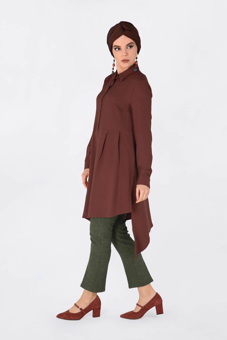 Tesettür giyim KAHVE ASİMETRİK KESİM PİLE DETAYLI TUNİK 4706