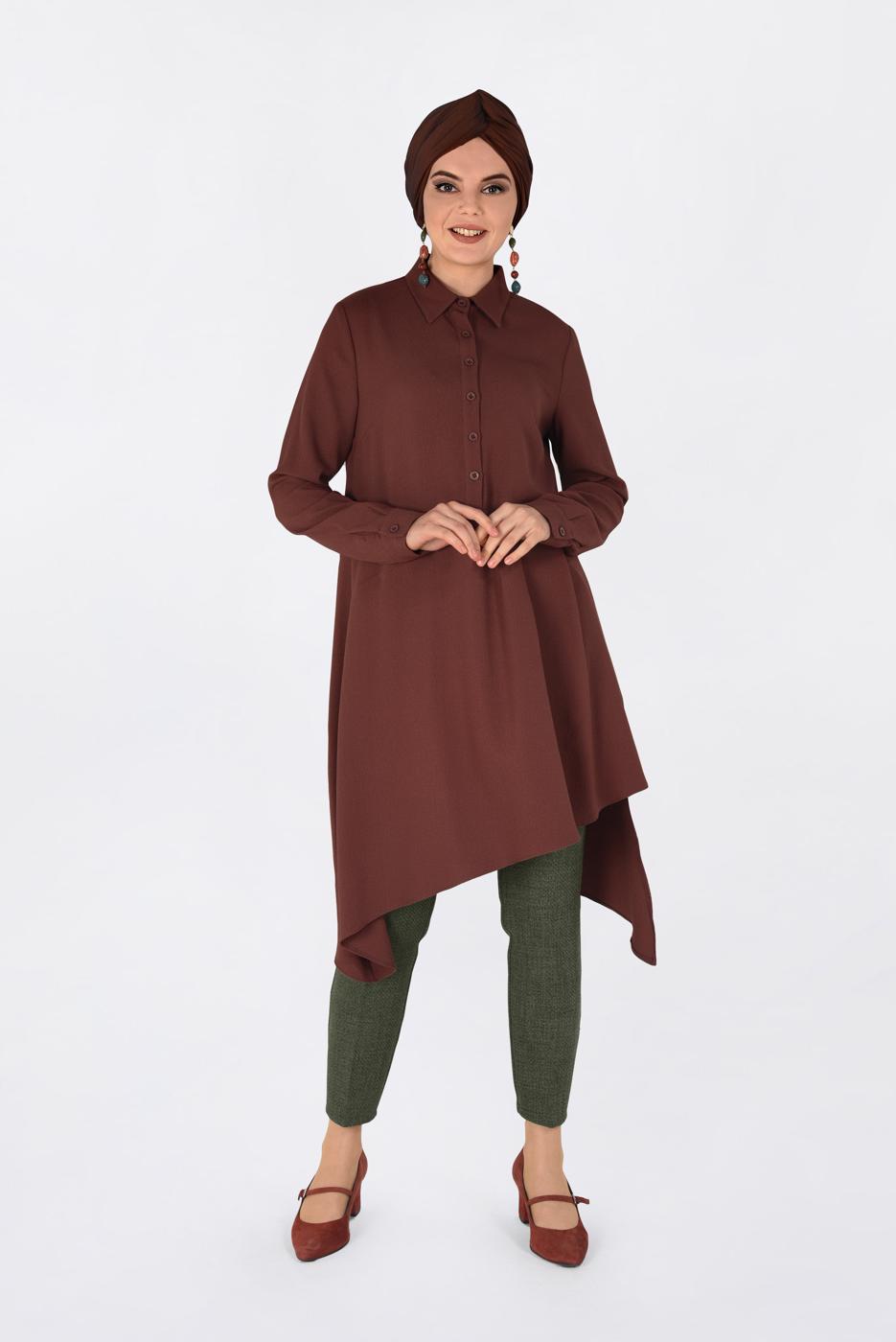 Tesettür giyim KAHVE ASİMETRİK KESİM PİLE DETAYLI TUNİK 4706