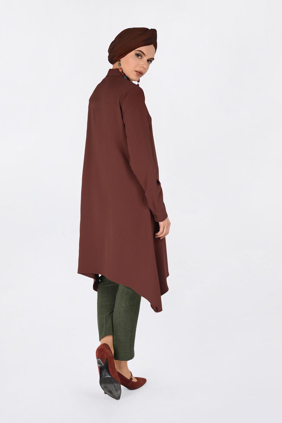 Tesettür giyim KAHVE ASİMETRİK KESİM PİLE DETAYLI TUNİK 4706