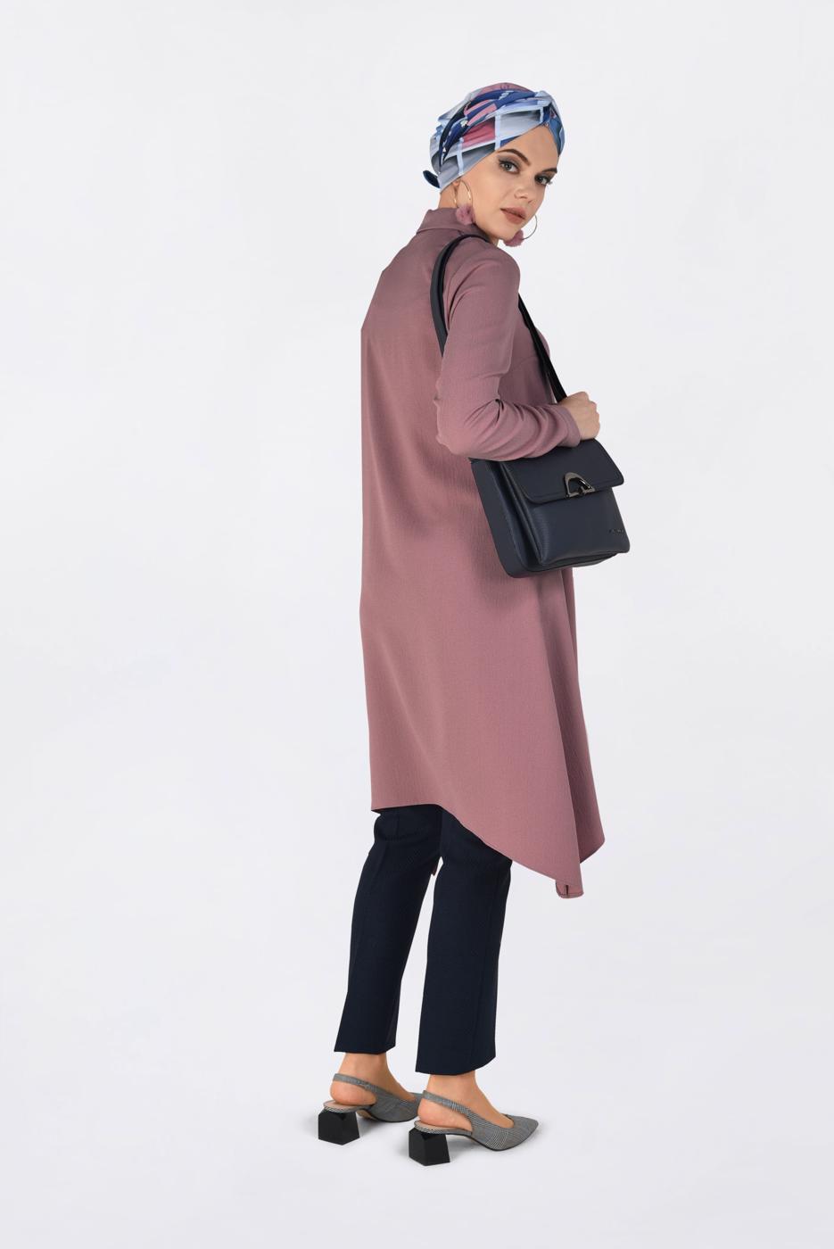 Tesettür giyim PUDRA ASİMETRİK KESİM PİLE DETAYLI TUNİK 4706