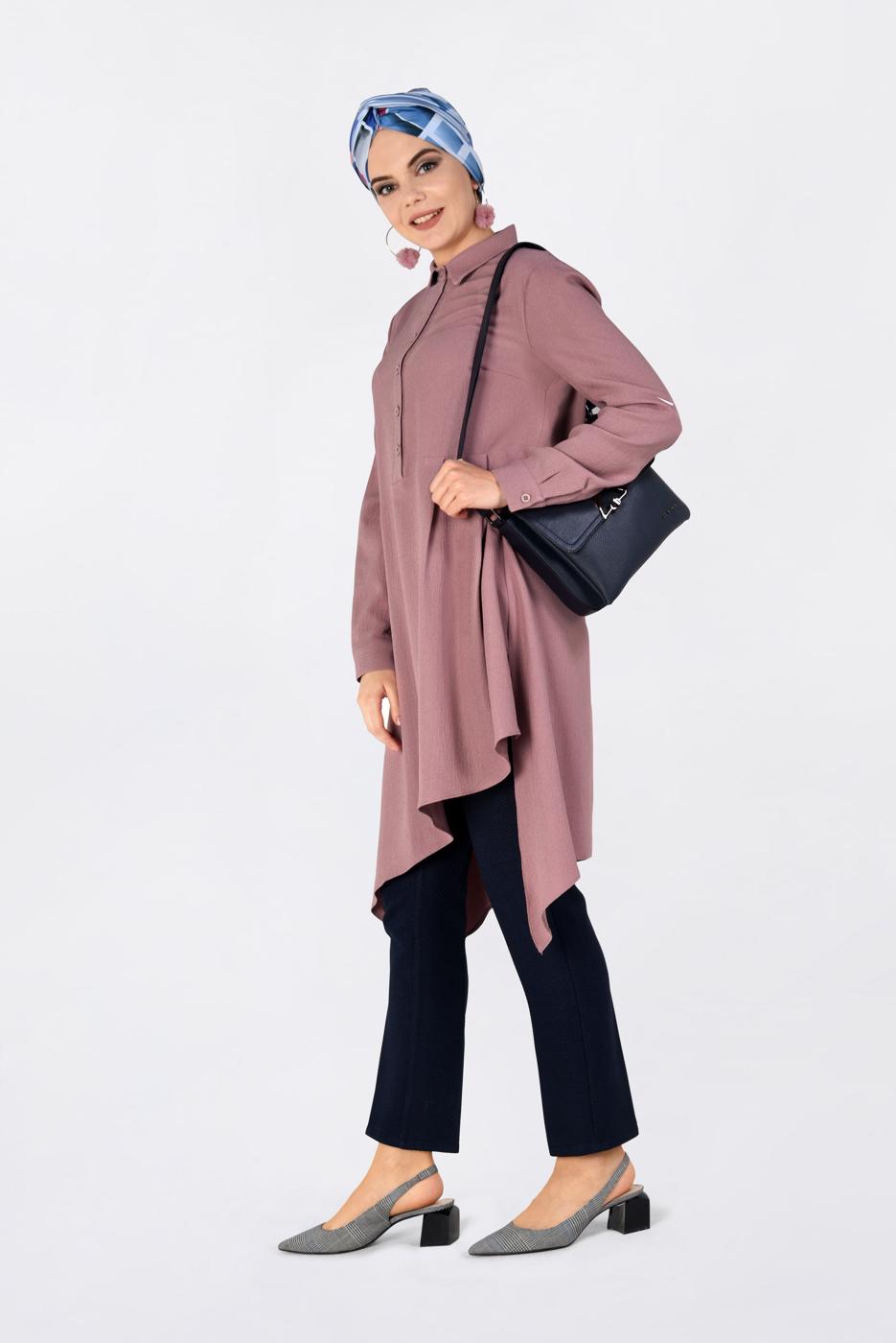 Tesettür giyim PUDRA ASİMETRİK KESİM PİLE DETAYLI TUNİK 4706