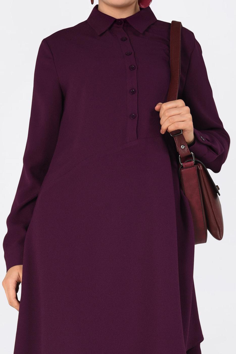 Tesettür giyim BORDO ASİMETRİK KESİM PİLE DETAYLI TUNİK 4706