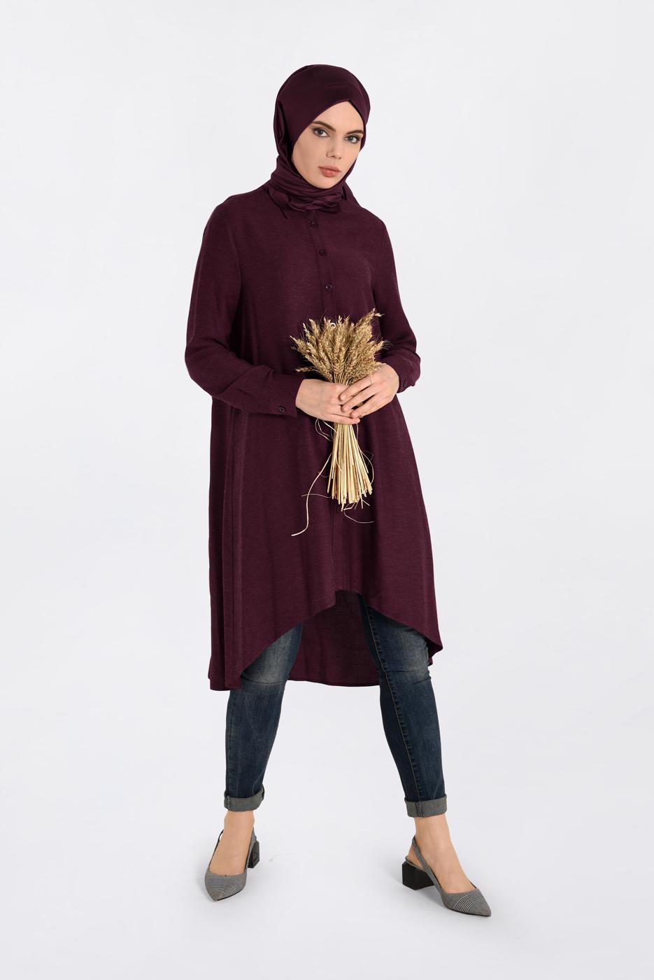 Tesettür giyim BORDO NAKIŞ DETAYLI DÜĞMELİ TUNİK 4720