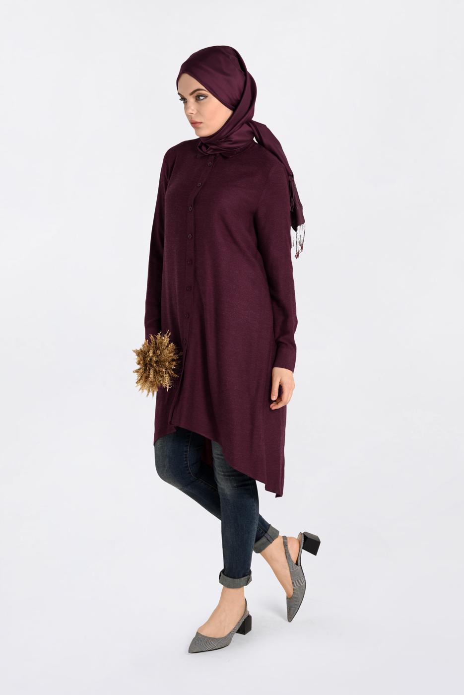 Tesettür giyim BORDO NAKIŞ DETAYLI DÜĞMELİ TUNİK 4720