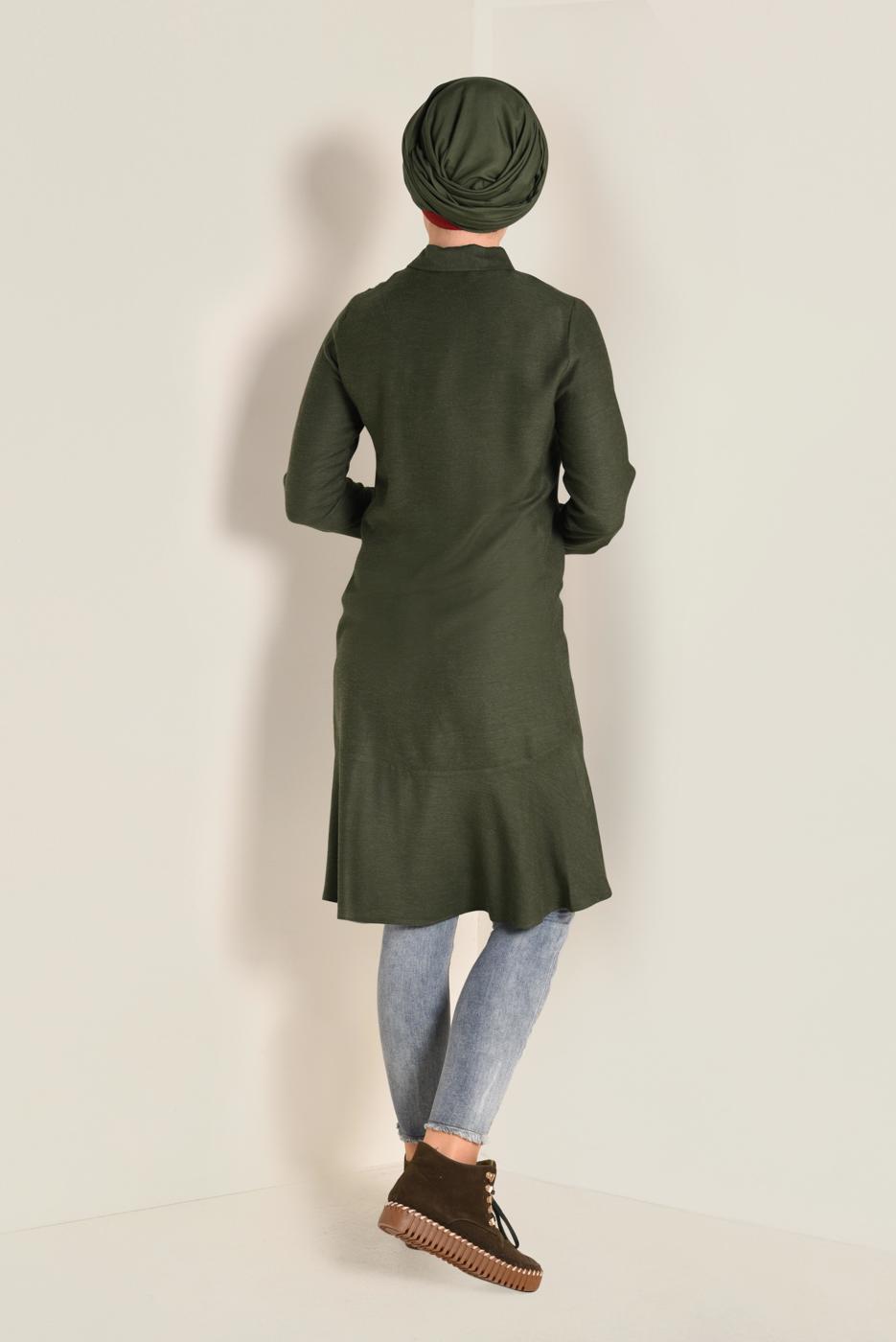 Tesettür giyim HAKİ İŞLEME DETAYLI DÜĞMELİ TUNİK 4737