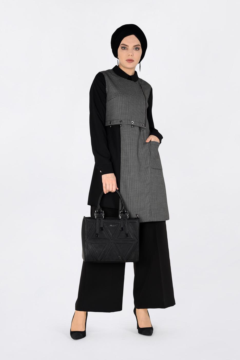 Tesettür giyim SİYAH ASİMETRİK KESİM 2&prime;Lİ TUNİK 4755 