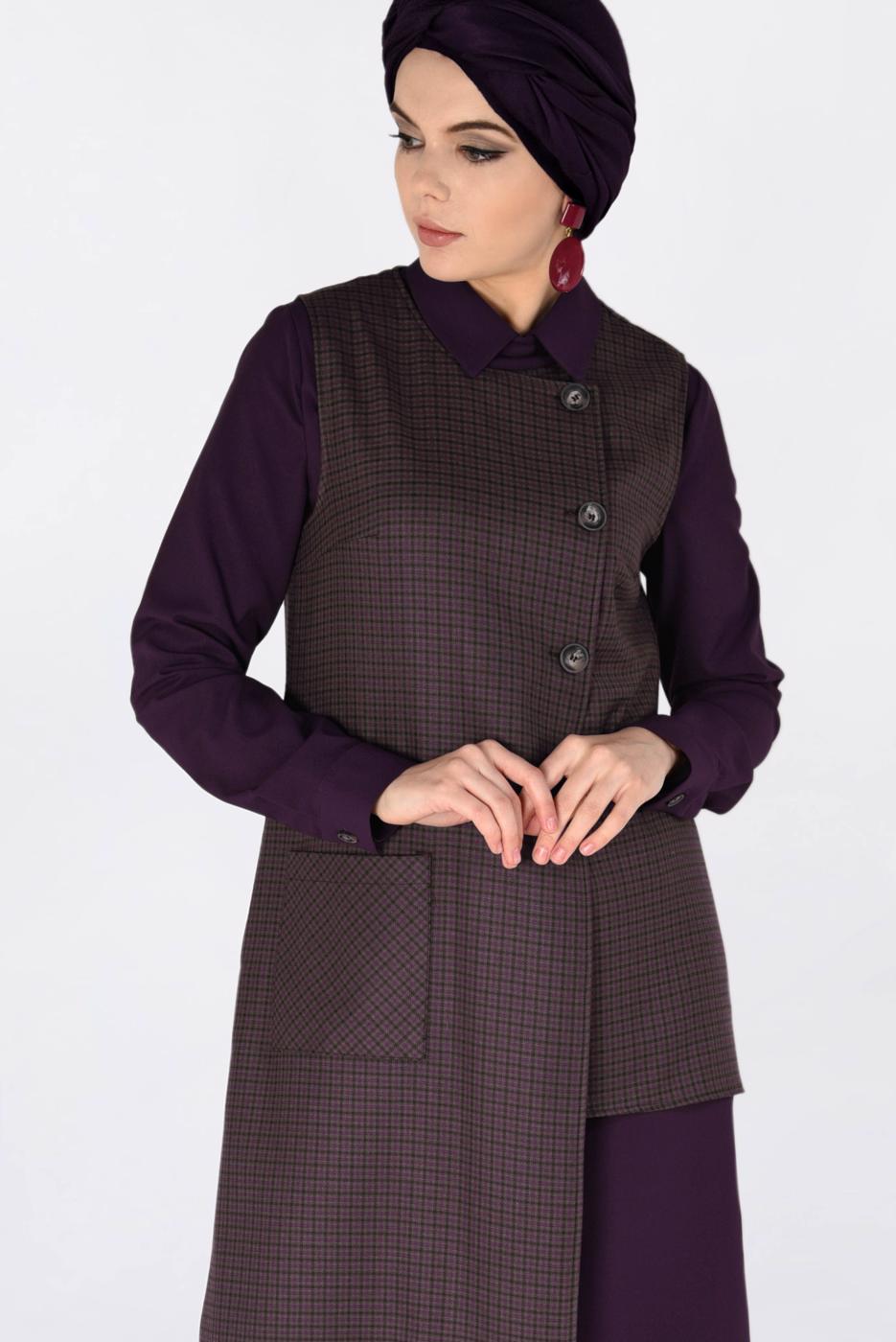 Tesettür giyim VİZON ASİMETRİK KESİM PÖTİKARE DESENLİ İKİLİ TUNİK 4756