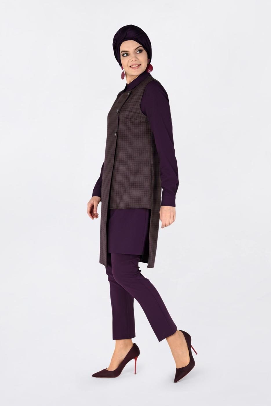 Tesettür giyim VİZON ASİMETRİK KESİM PÖTİKARE DESENLİ İKİLİ TUNİK 4756