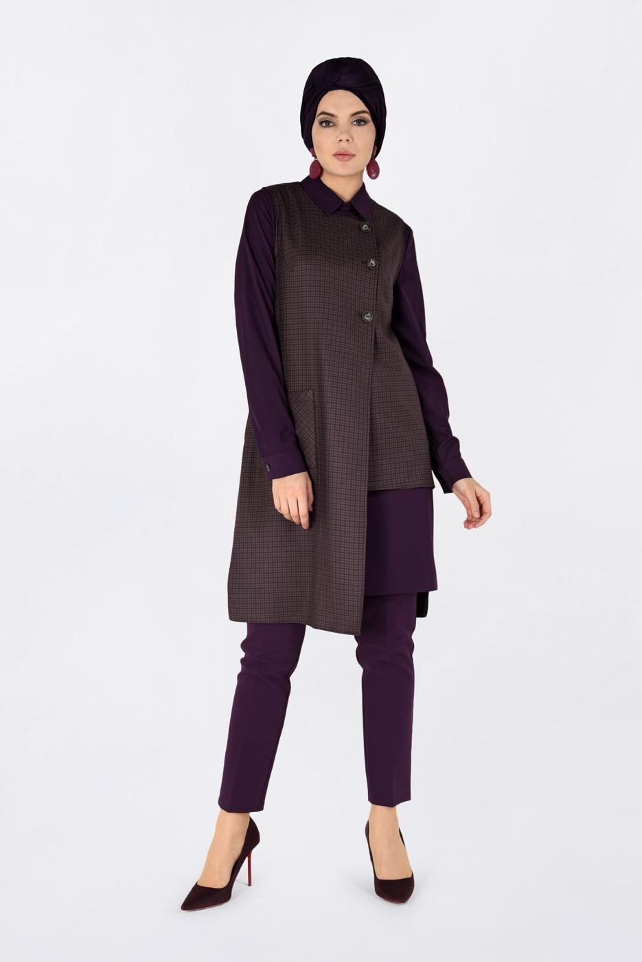 Tesettür giyim VİZON ASİMETRİK KESİM PÖTİKARE DESENLİ İKİLİ TUNİK 4756