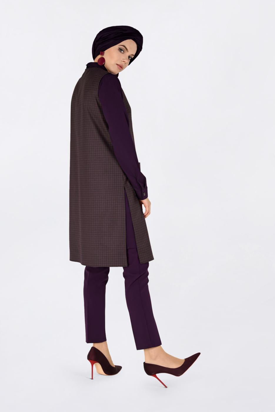 Tesettür giyim VİZON ASİMETRİK KESİM PÖTİKARE DESENLİ İKİLİ TUNİK 4756