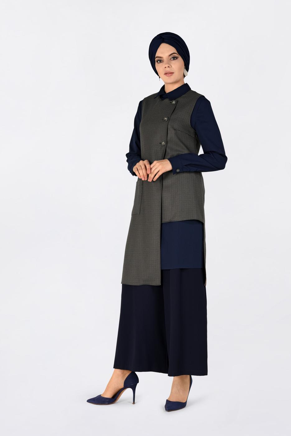 Tesettür giyim VİZON ASİMETRİK KESİM PÖTİKARE DESENLİ İKİLİ TUNİK 4756