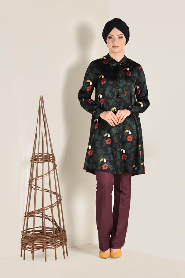 Tesettür giyim  YAKASI FİYONKLU ÇİÇEK DESENLİ TUNİK 4759 - TRENDTESETTÜR