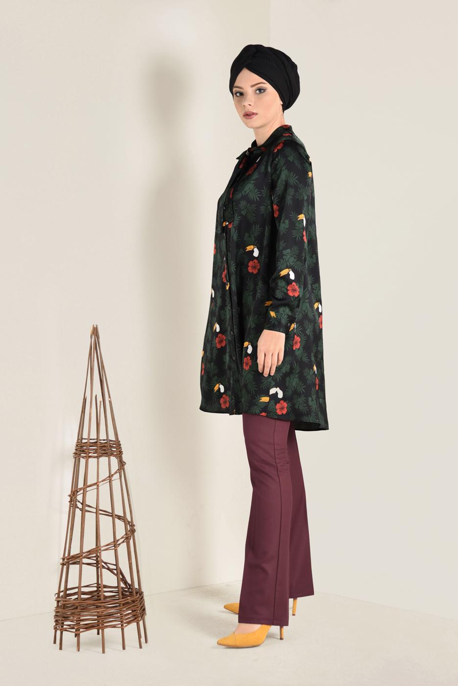 Tesettür giyim SİYAH YAKASI FİYONKLU ÇİÇEK DESENLİ TUNİK 4759