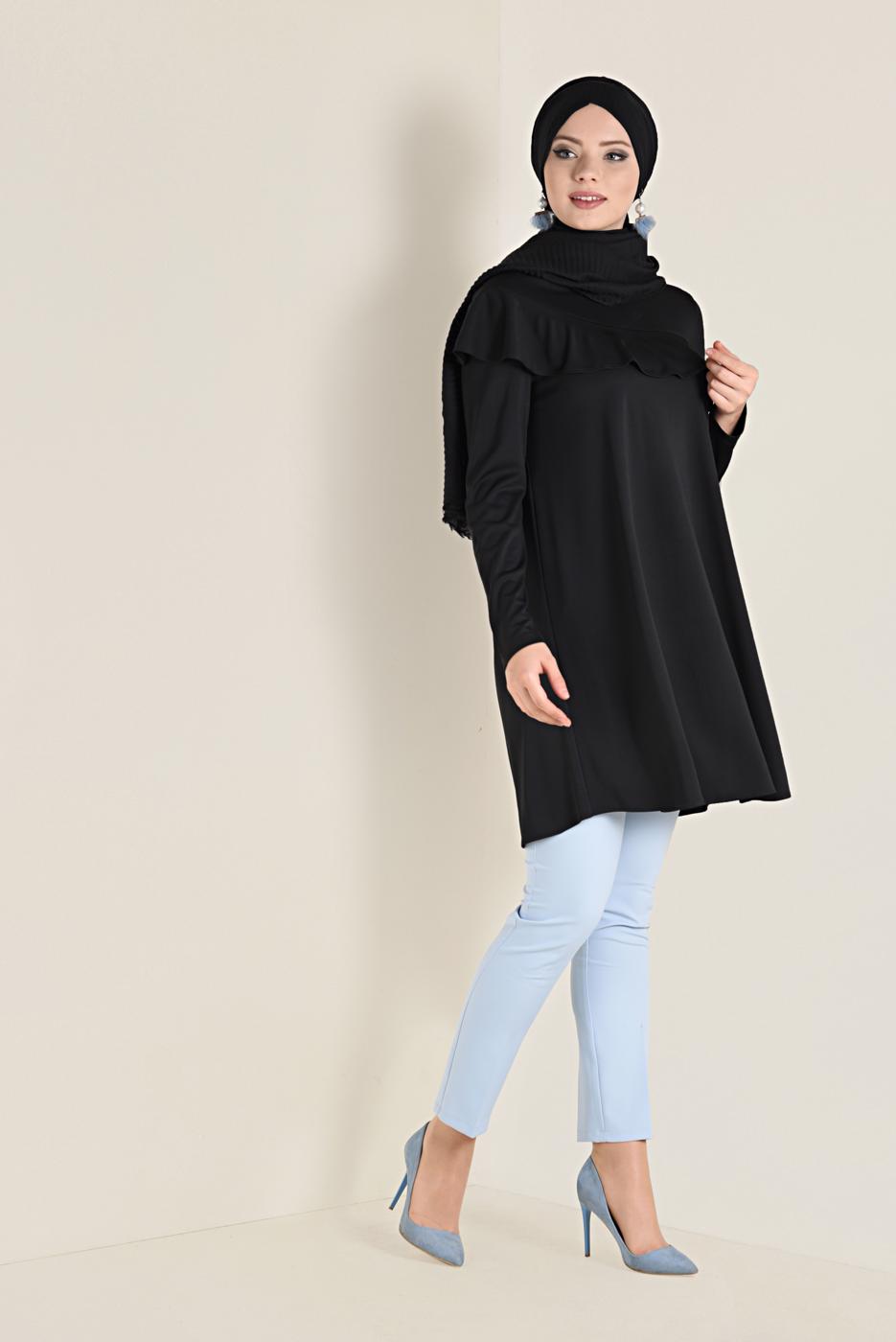 Tesettür giyim SİYAH VOLANLI SALAŞ TUNİK 4770 