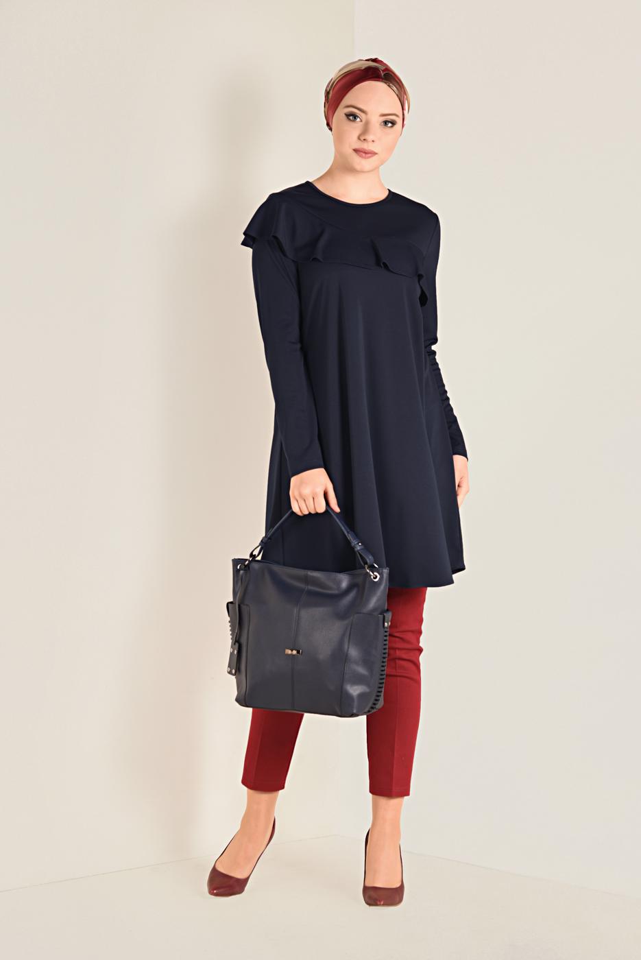 Tesettür giyim LACİVERT VOLANLI SALAŞ TUNİK 4770 