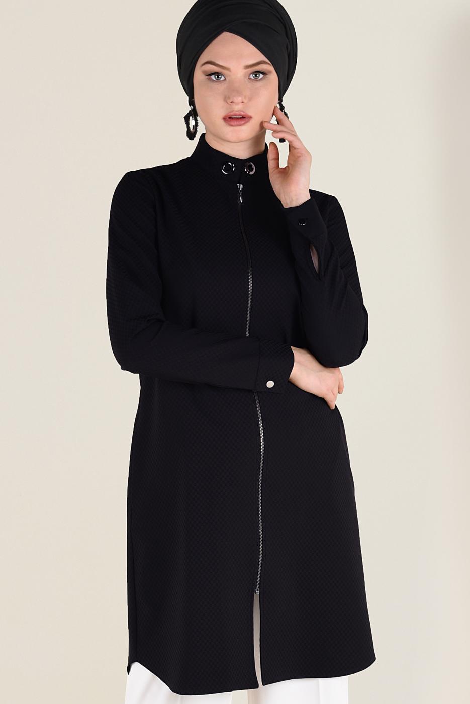 Tesettür giyim SİYAH HAKİM YAKA BAĞCIKLARI ZİNCİR DETAYLI TUNİK 4772