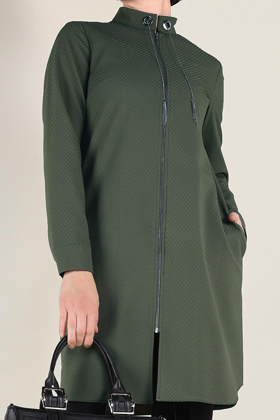 Tesettür giyim HAKİ HAKİM YAKA BAĞCIKLARI ZİNCİR DETAYLI TUNİK 4772