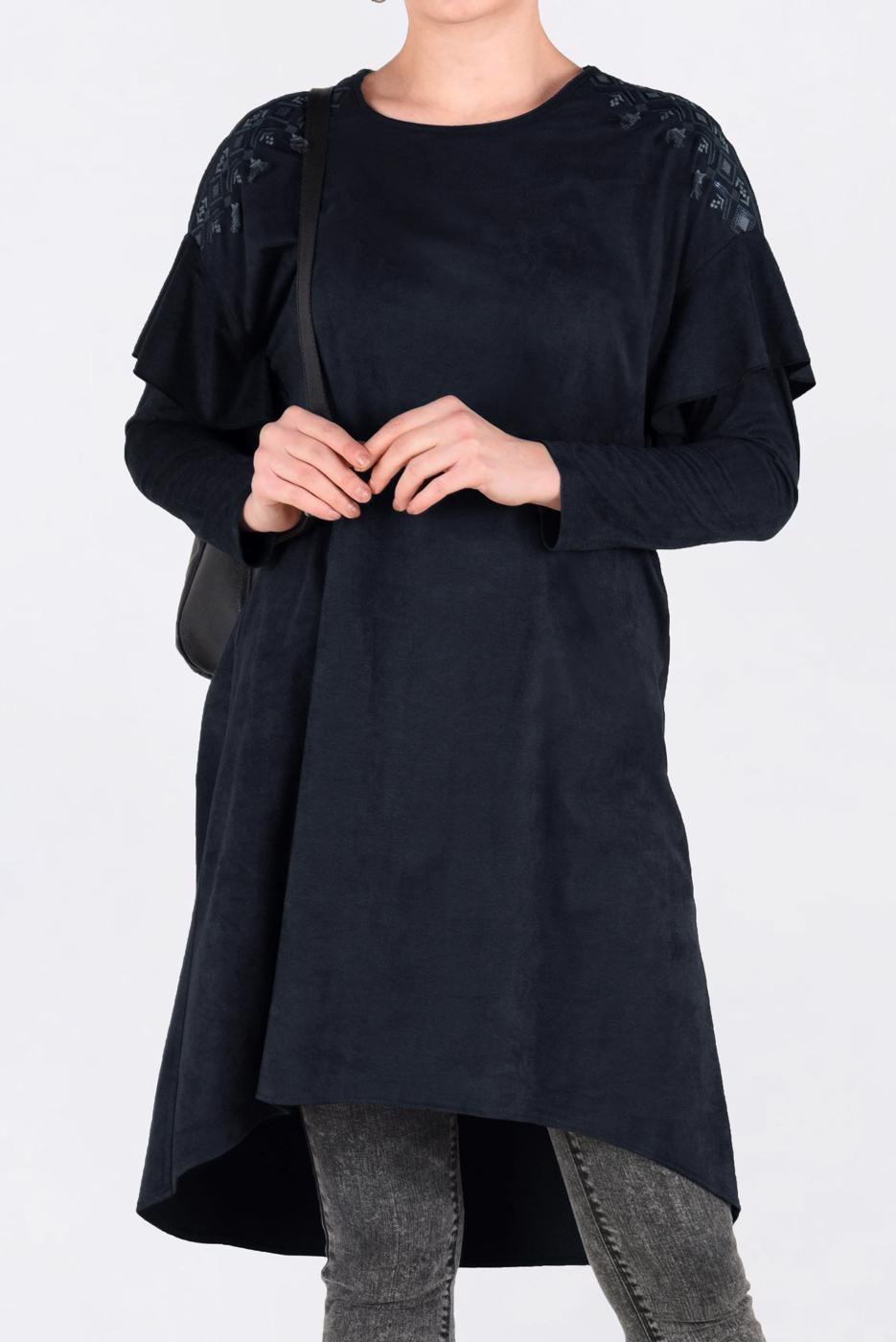 Tesettür giyim SİYAH OMUZLARI NAKIŞLI VOLANLI TUNİK 4777 