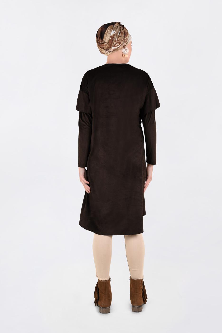 Tesettür giyim KAHVE OMUZLARI NAKIŞLI VOLANLI TUNİK 4777 