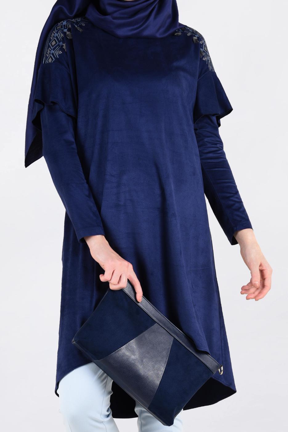 Tesettür giyim LACİVERT OMUZLARI NAKIŞLI VOLANLI TUNİK 4777 