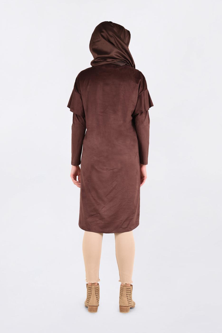 Tesettür giyim KAHVE OMUZLARI NAKIŞLI VOLANLI TUNİK 4777 