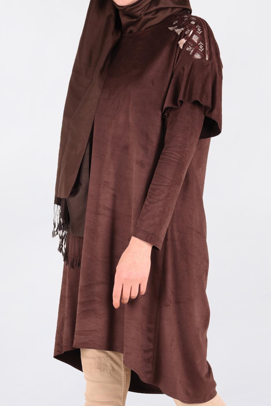 Tesettür giyim KAHVE OMUZLARI NAKIŞLI VOLANLI TUNİK 4777 