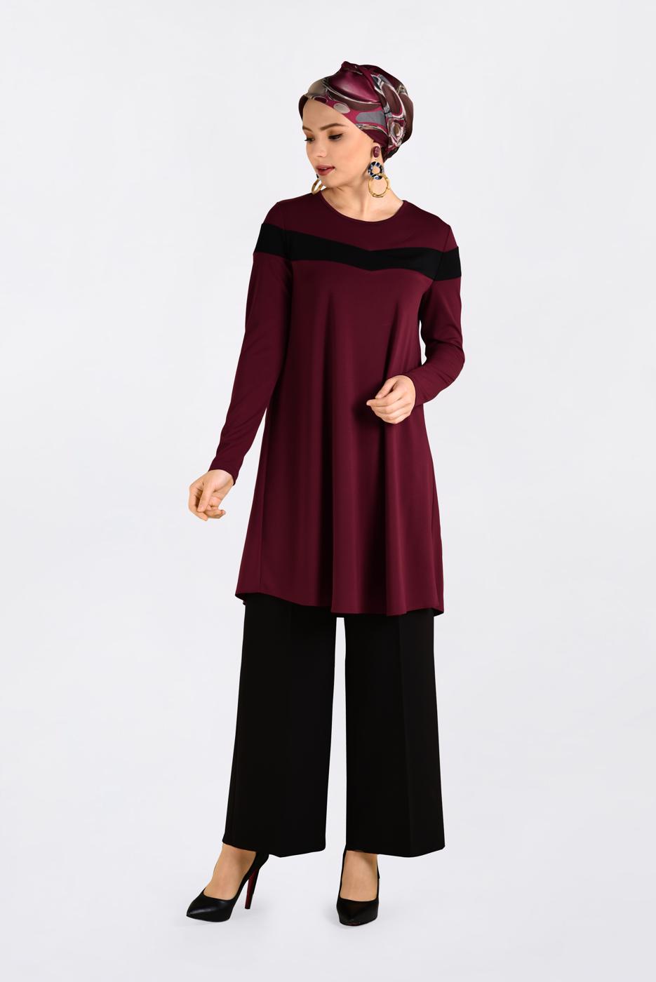 Tesettür giyim BORDO ŞERİT DETAYLI BİSİKLET YAKA TUNİK 4778 