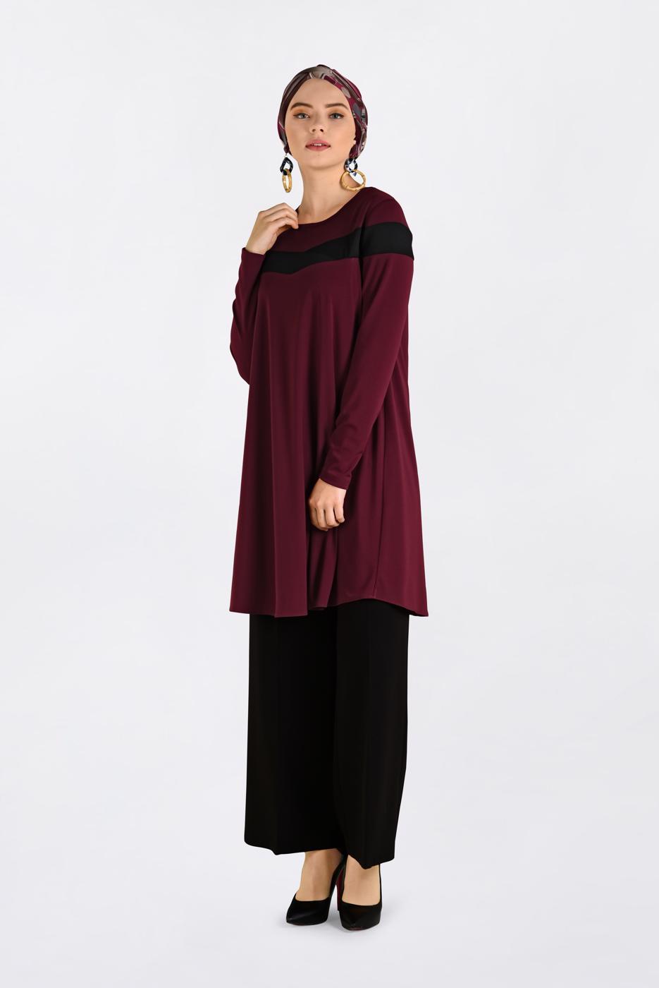 Tesettür giyim BORDO ŞERİT DETAYLI BİSİKLET YAKA TUNİK 4778 